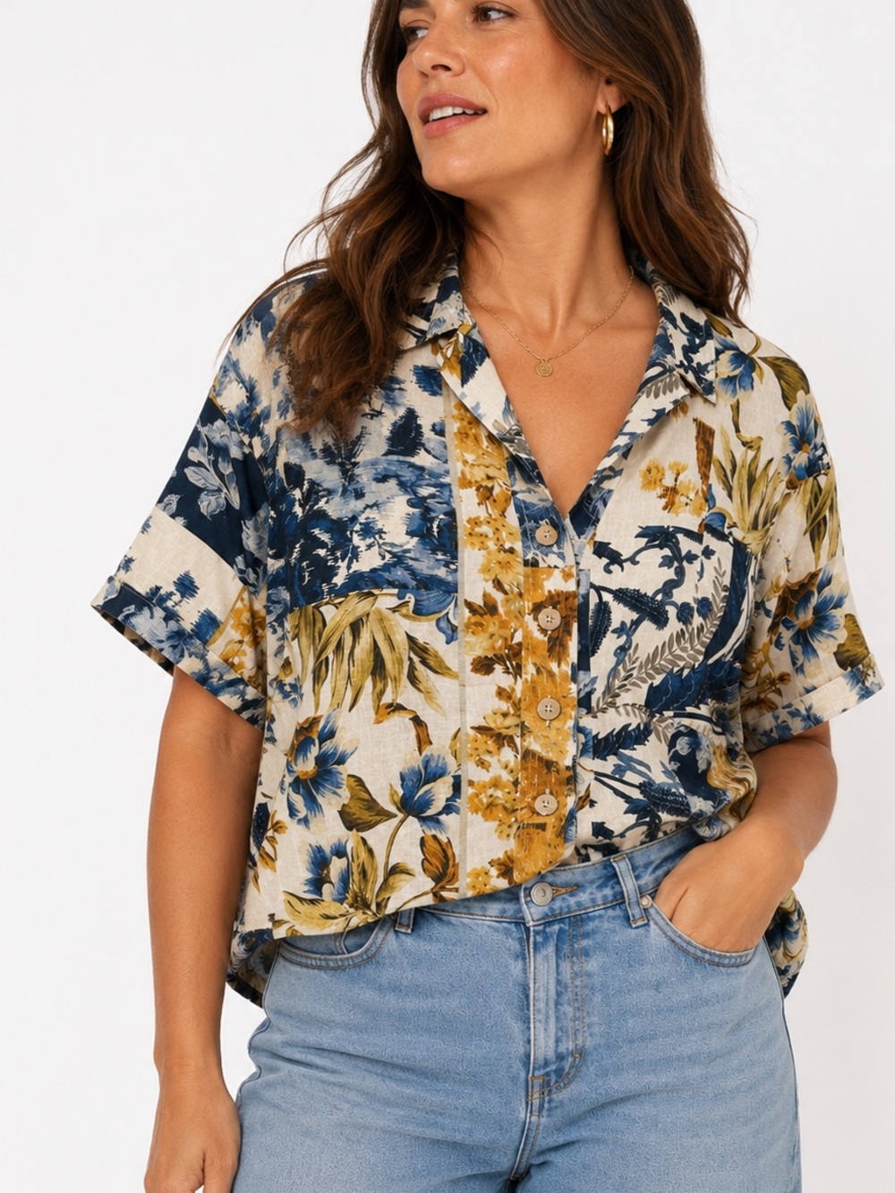 Christian Siriano Floral Button Front Blouse Blueβ Gold Tropical Print Crop Top